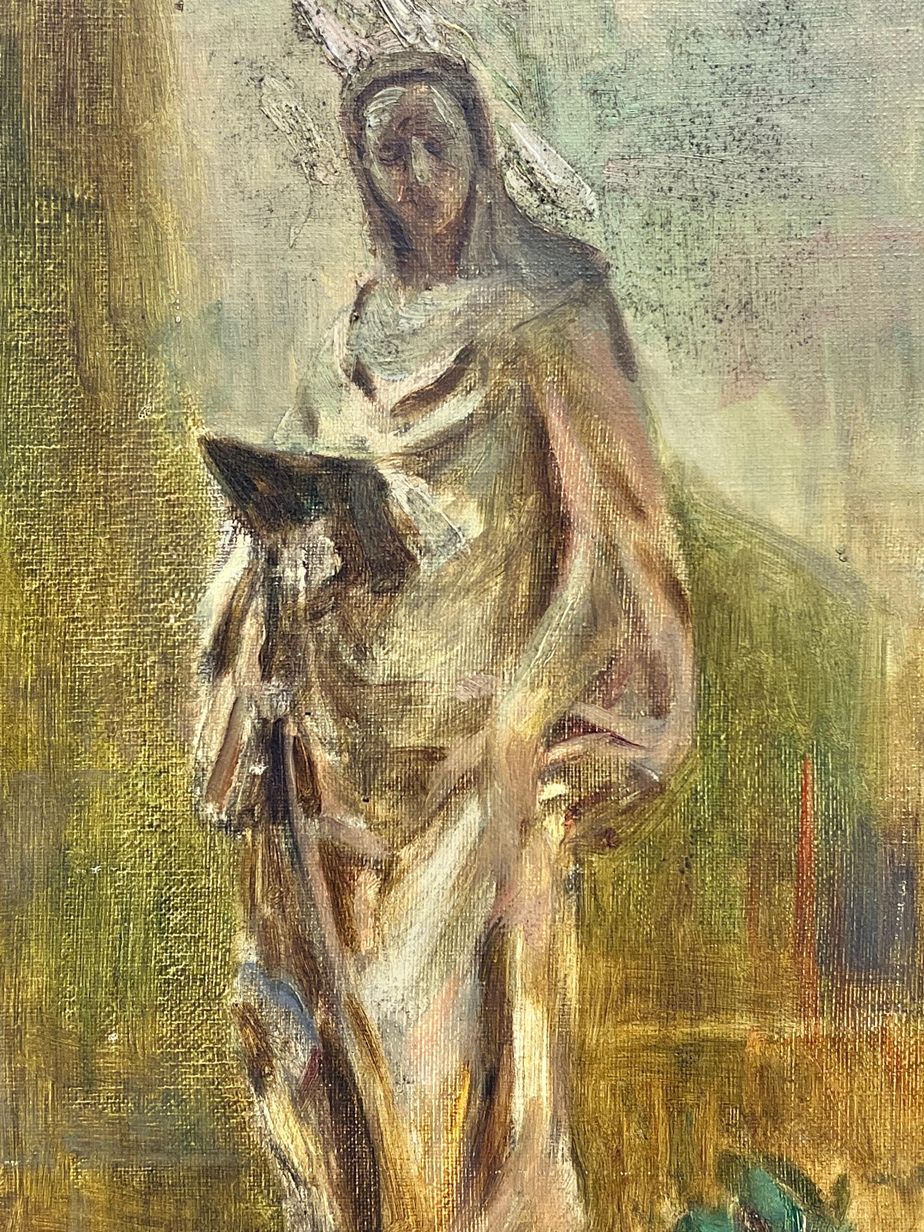 Artist/ School: French School, circa 1930, signed lower left corner

Title: Study of a stone sculpture statue standing in what looks to be a church courtyard .

Medium: oil on canvas, framed in a lovely quality wooden frame. 

Framed: 23 x 18