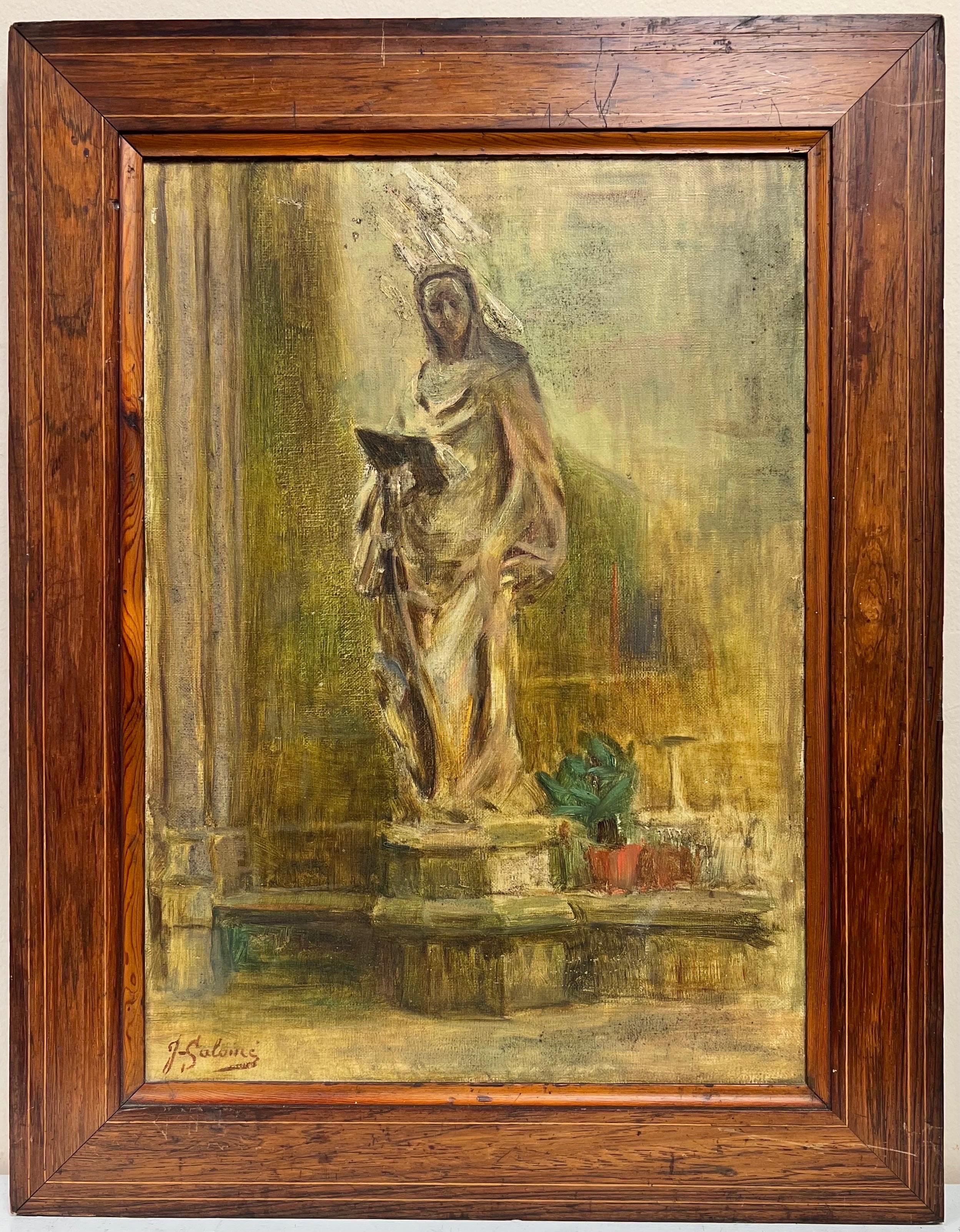 20th Century French Figurative Painting - 1930's French Signed Oil Portrait of a Statue outside Church Courtyard