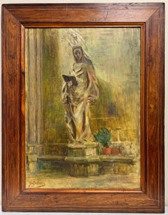 Portrait à l'huile français des années 1930 représentant une statue près de la cour d'une église