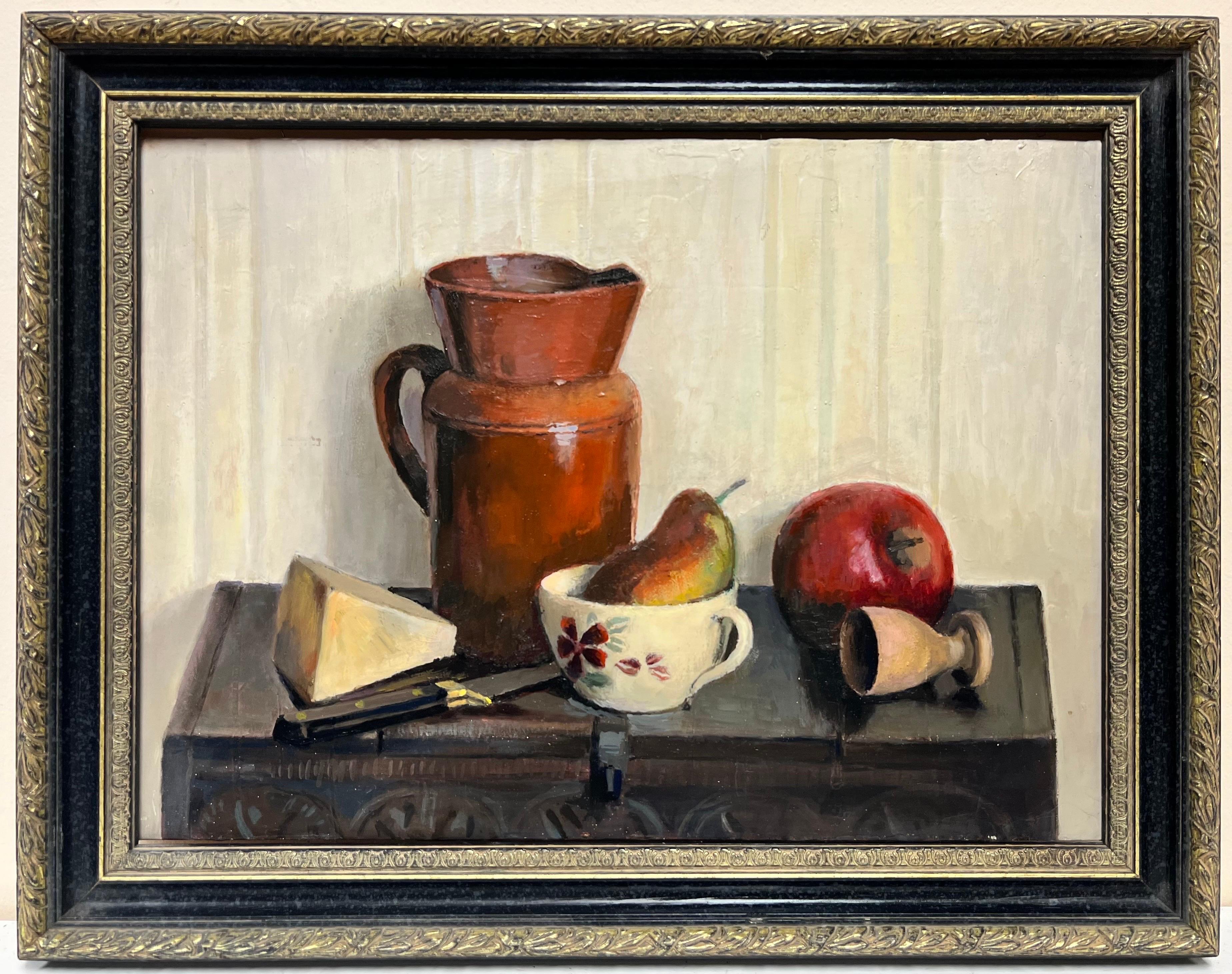 20th Century French Interior Painting - Fine French Still Life Interior Scene Fruit & Table Top Items, Beautiful Details