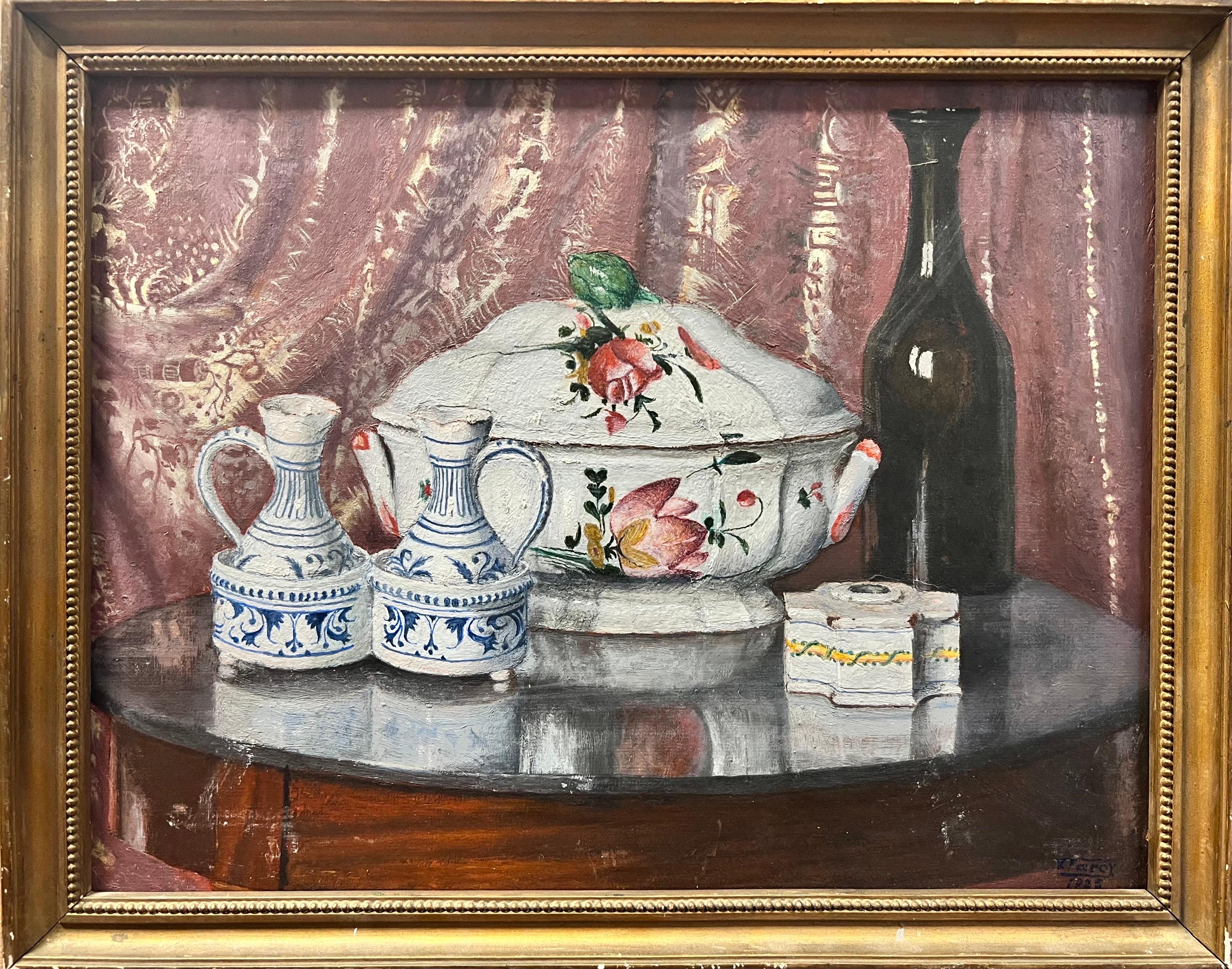 Finely Painted 1920's French Still Life Oil, Beautiful Ceramics Interior - Painting by 20th Century French
