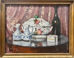 Finely Painted 1920's French Still Life Oil, Beautiful Ceramics Interior