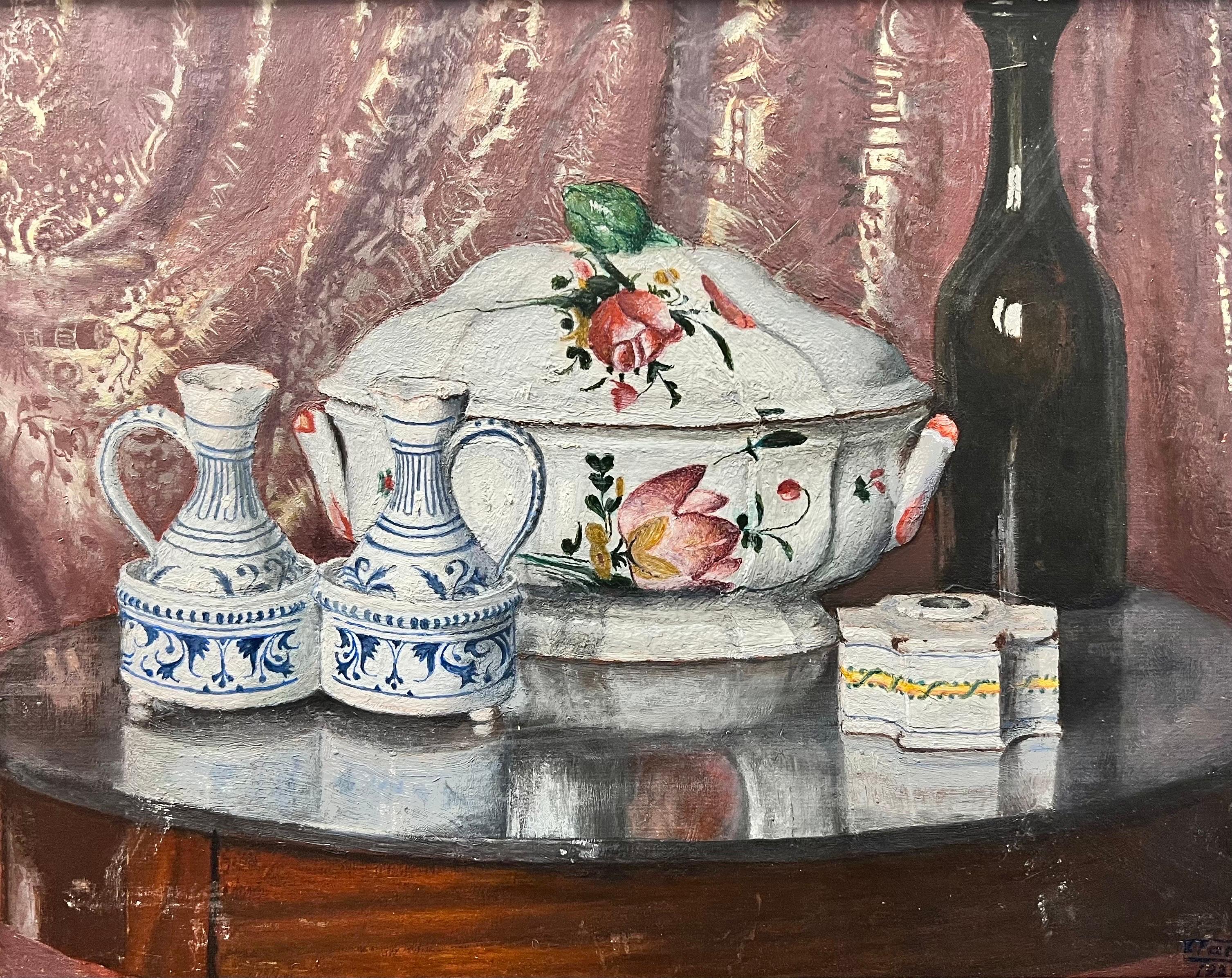 Still-Life Painting di 20th Century French - Natura morta francese del 1920 finemente dipinta a olio, bellissimi interni in ceramica