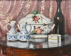 Finely Painted 1920's French Still Life Oil, Beautiful Ceramics Interior