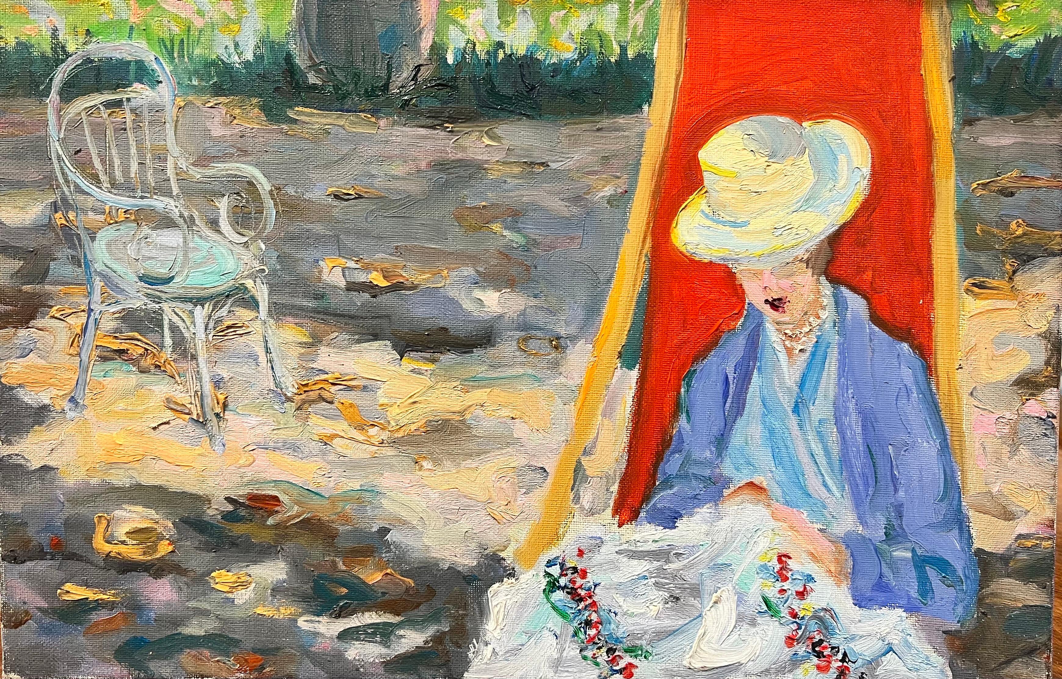 20th Century French Figurative Painting - French Impressionist Oil Painting, Elegant Lady in Garden Hammock, Dappled Light