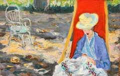 French Impressionist Oil Painting, Elegant Lady in Garden Hammock, Dappled Light