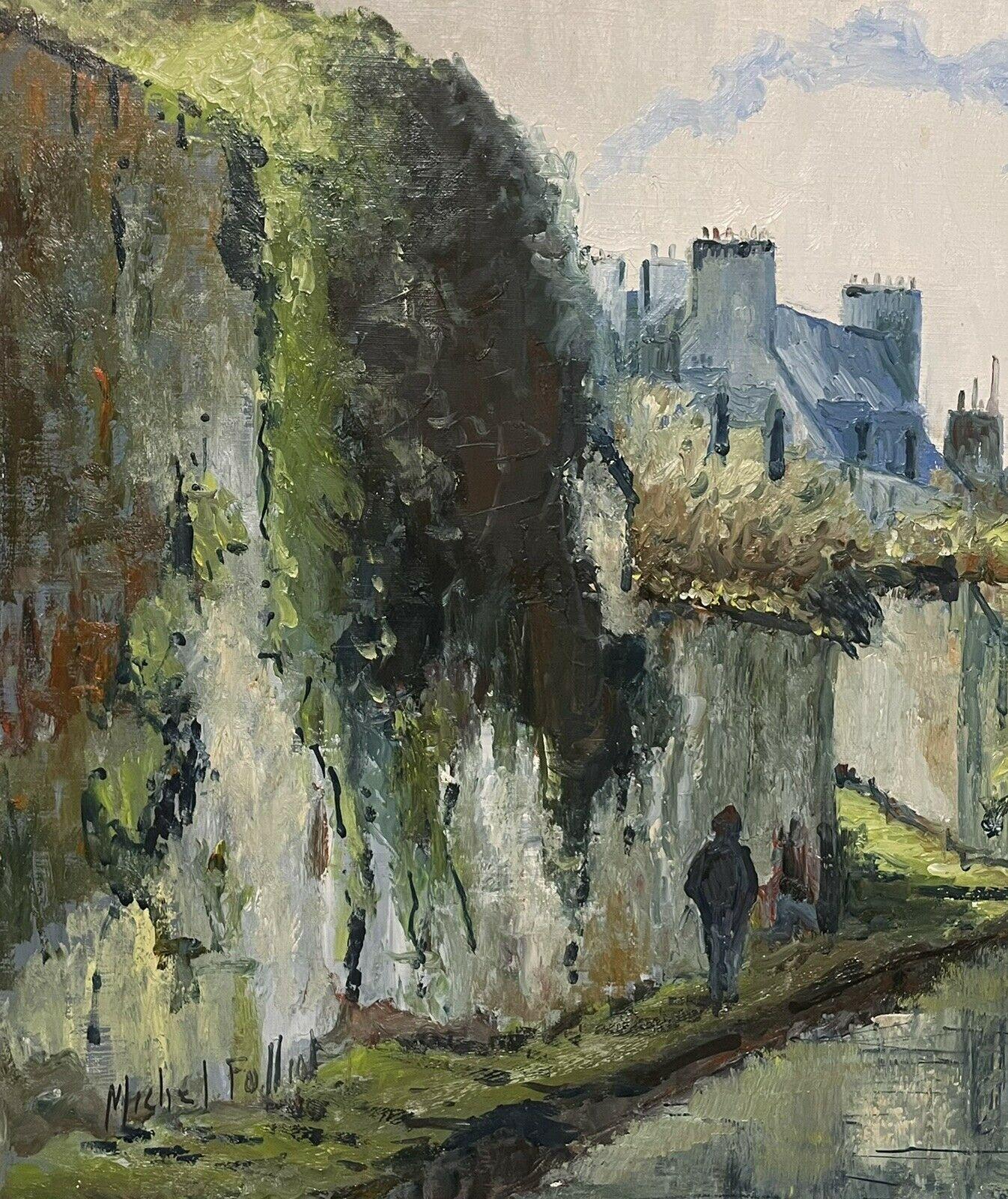 French Signed Oil on Canvas Painting Figure Walking by River Green Cityscape - Gray Figurative Painting by 20th Century French
