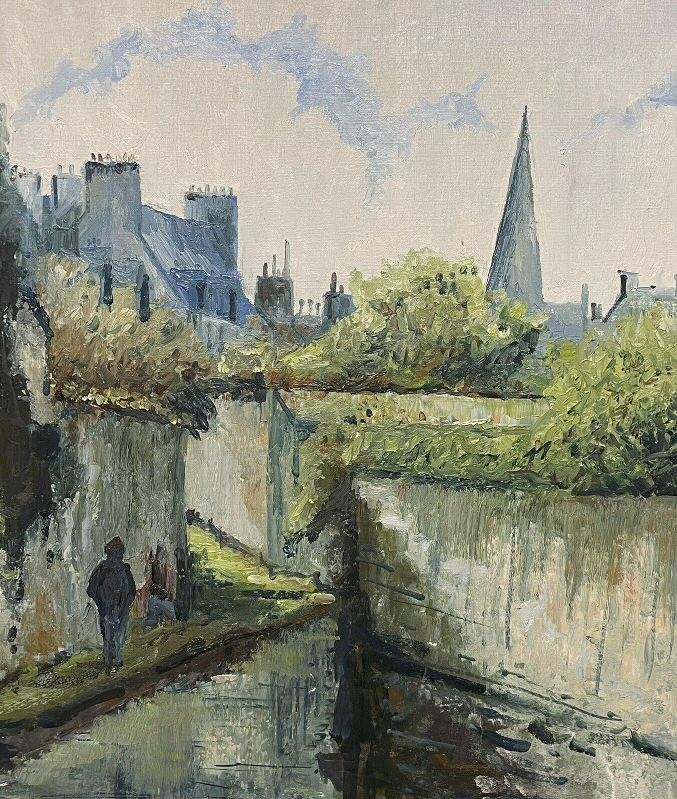 Artist/ School: French School, indistinctly signed, circa 1970's

Title: Walking by the River

Medium: signed oil painting on canvas, framed.

framed:      23 x 29 inches
canvas:  19.75 x 25.75 inches

Provenance: private collection,