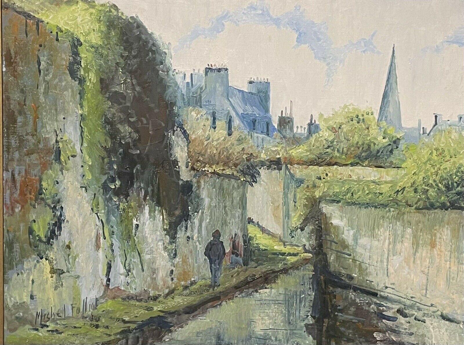 20th Century French Figurative Painting - French Signed Oil on Canvas Painting Figure Walking by River Green Cityscape