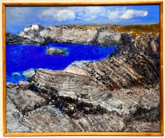 Large Modern French Abstract Seascape Landscape  Blue Seas Rocky Coast, signed