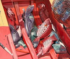 Mid Century Modern Still Life of Fish in Fishing Boat Expressionist Oil Painting