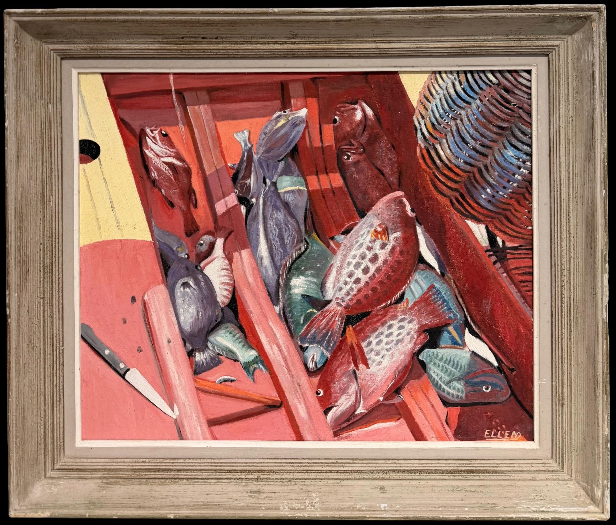 20th Century French Animal Painting – Expressionistisches Ölgemälde im Stil des „Mid-Century Modern“ – Stillleben mit Fischen in einem Fischerboot