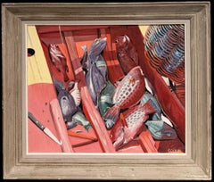 Mid Century Modern Still Life of Fish in Fishing Boat Expressionist Oil Painting