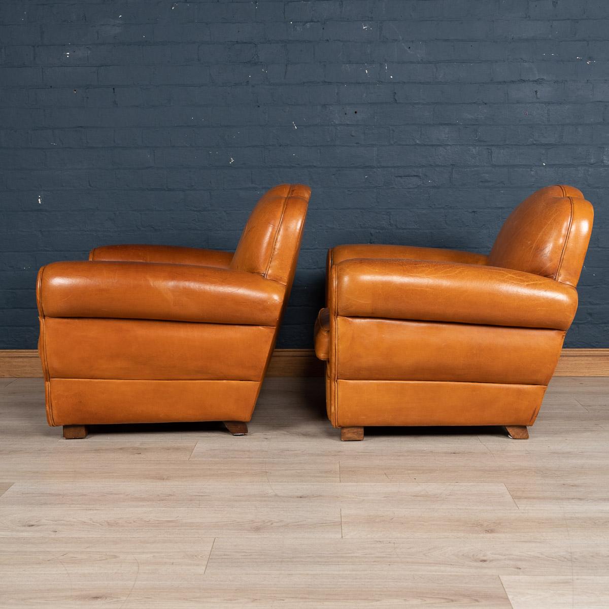 20th Century French Pair of Art Deco Style Leather Club Chairs, circa 1980 In Good Condition In Royal Tunbridge Wells, Kent