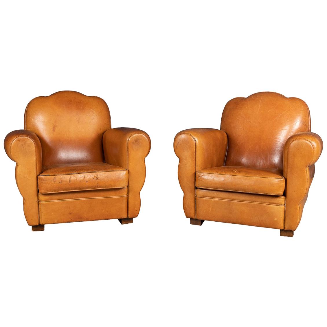 20th Century French Pair of Art Deco Style Leather Club Chairs, circa 1980