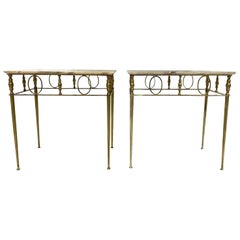 20th Century French Pair of Art Deco Vintage Marble, Brass Side Tables