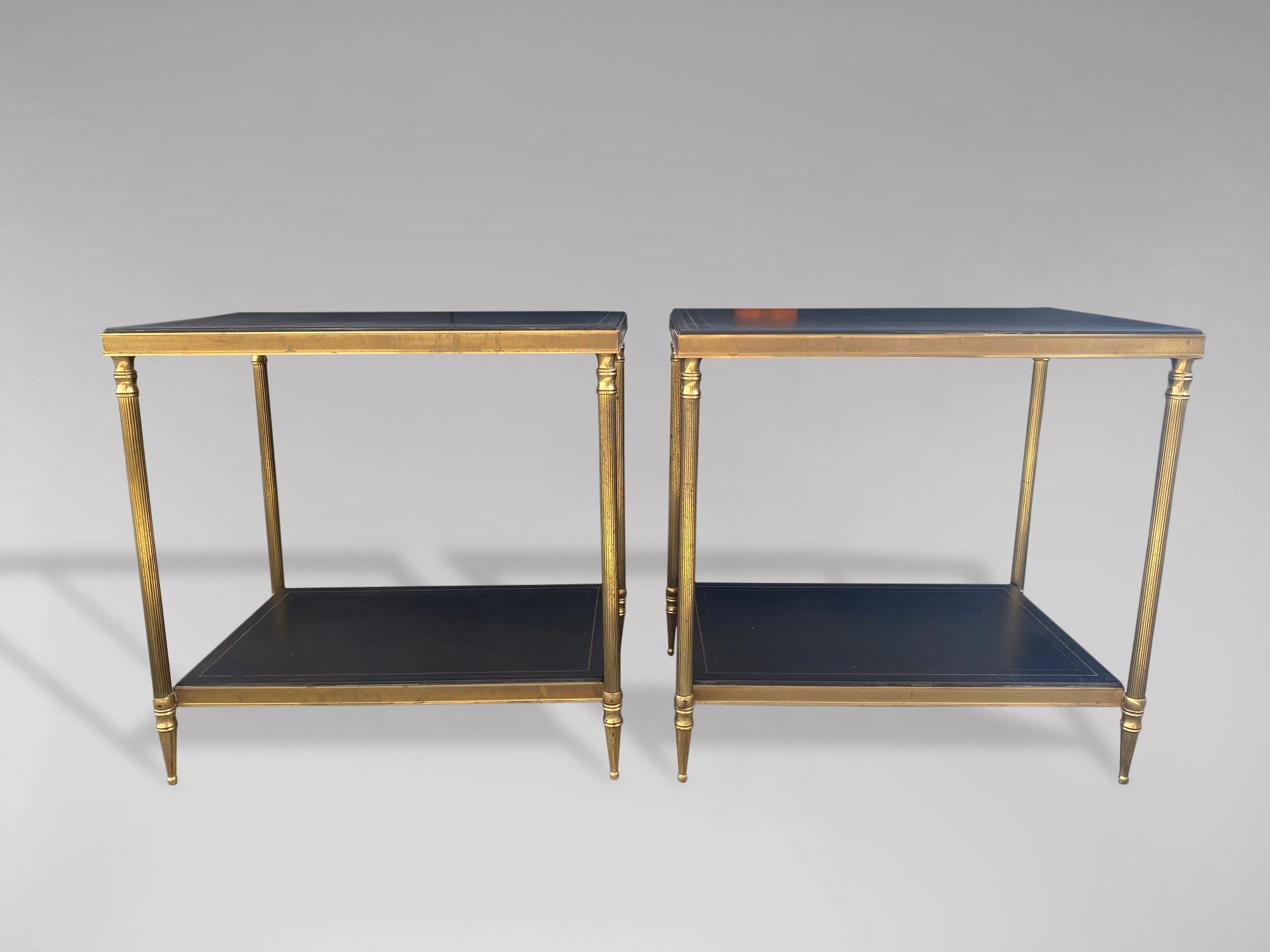Neoclassical 20th Century French Pair of Brass and Leather Side Tables, 1960