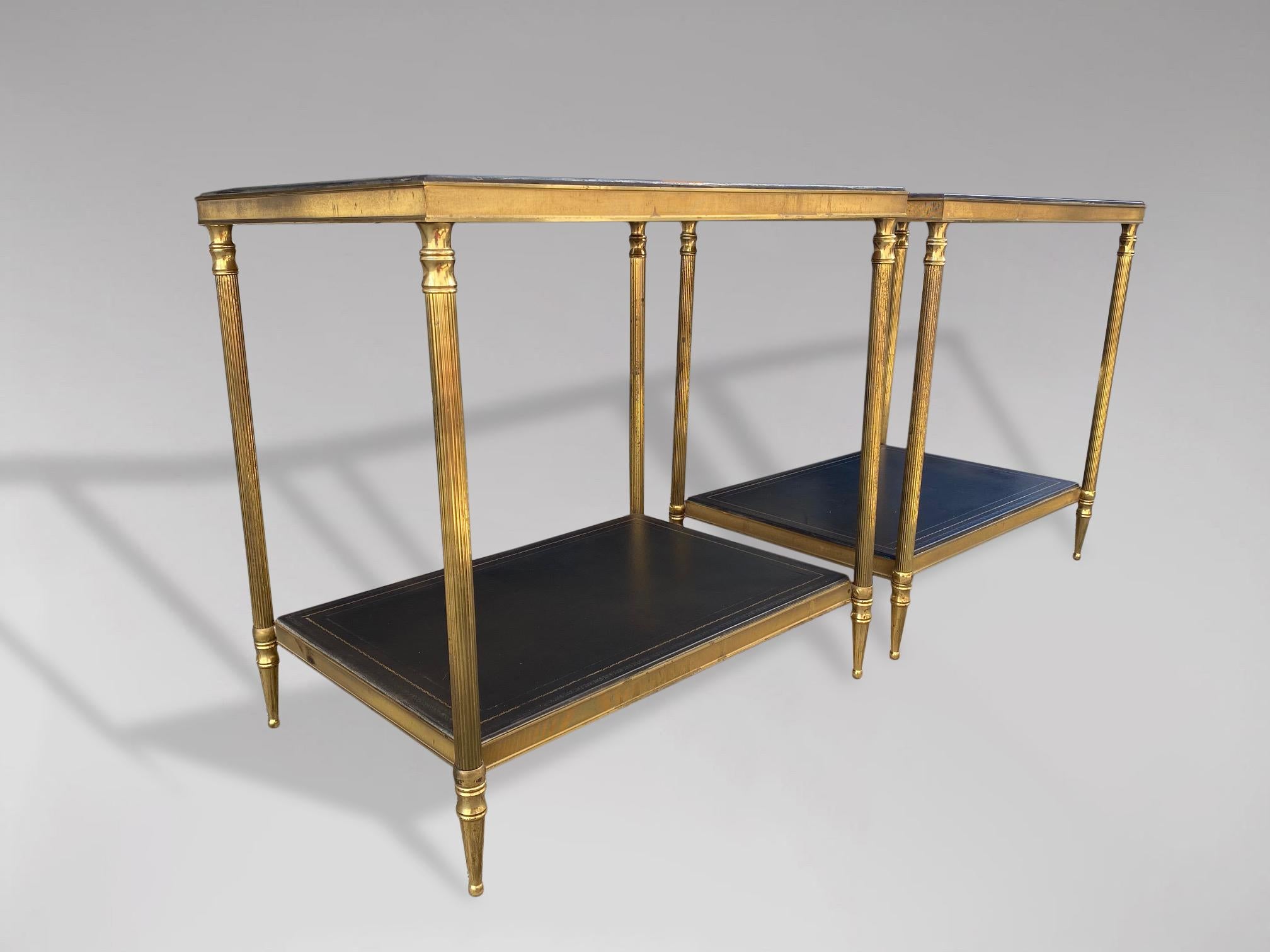 Hand-Crafted 20th Century French Pair of Brass and Leather Side Tables, 1960