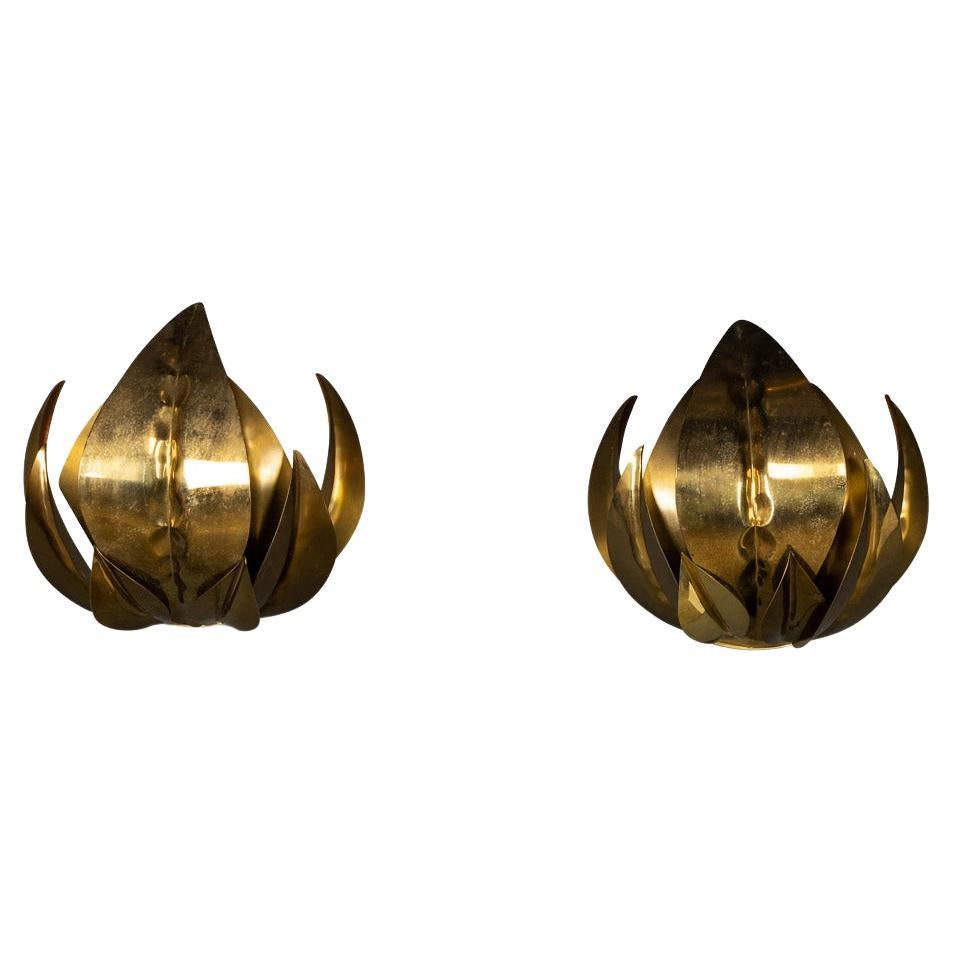 20th Century French Pair Of Brass Sconces Attributed To Maison Jansen, c.1970 For Sale