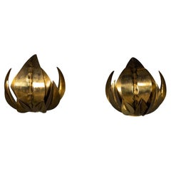 Vintage 20th Century French Pair Of Brass Sconces Attributed To Maison Jansen, c.1970