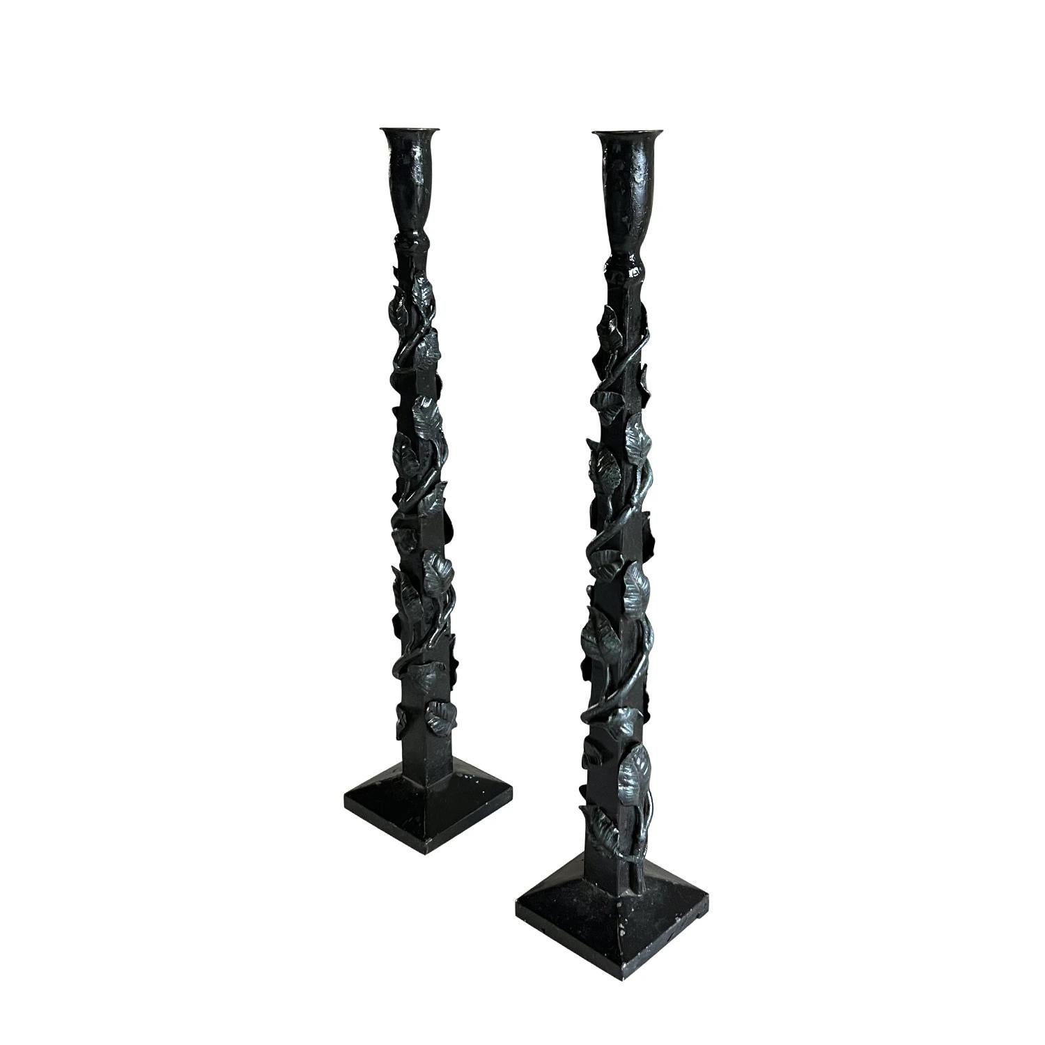 Hand-Crafted 20th Century French Pair of Brutalist Candle Holders, Wrought Iron Sticks For Sale