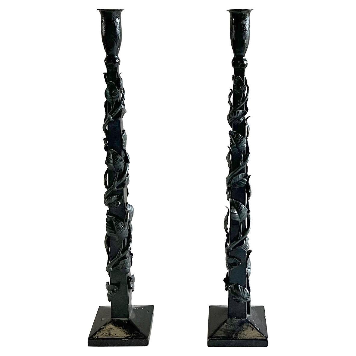 20th Century French Pair of Brutalist Candle Holders, Wrought Iron Sticks For Sale