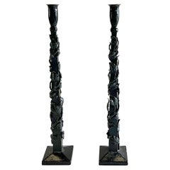 Retro 20th Century French Pair of Brutalist Candle Holders, Wrought Iron Sticks