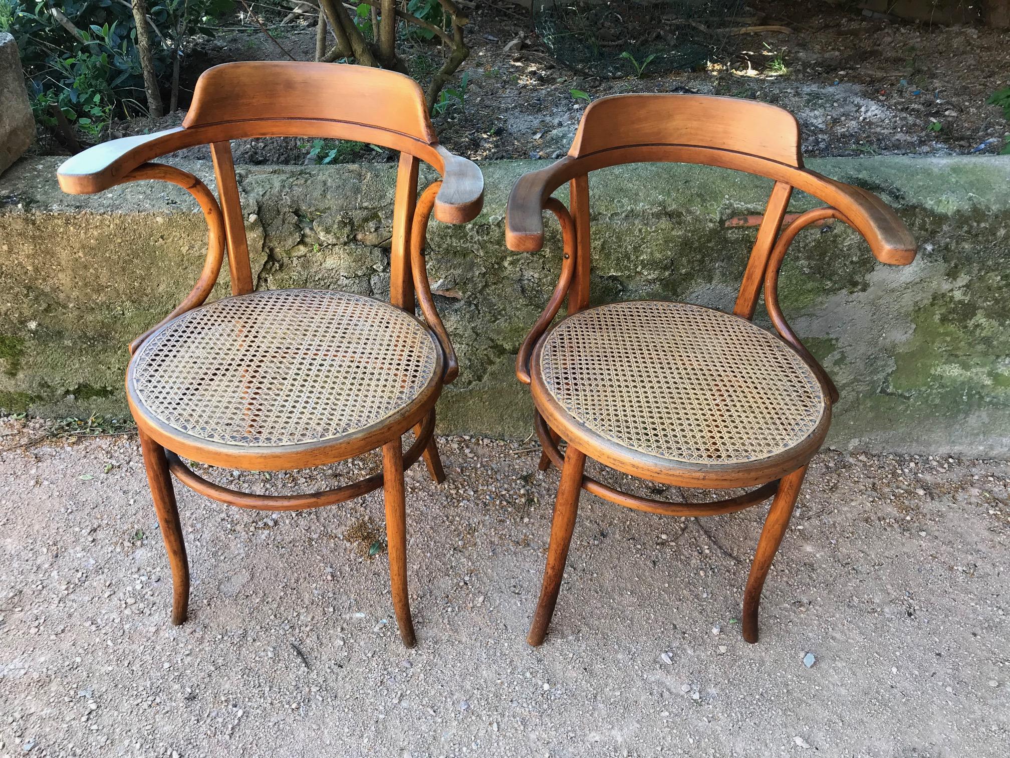 Hand-Carved 20th Century French Pair of Caned Desk Armchairs, 1900s For Sale