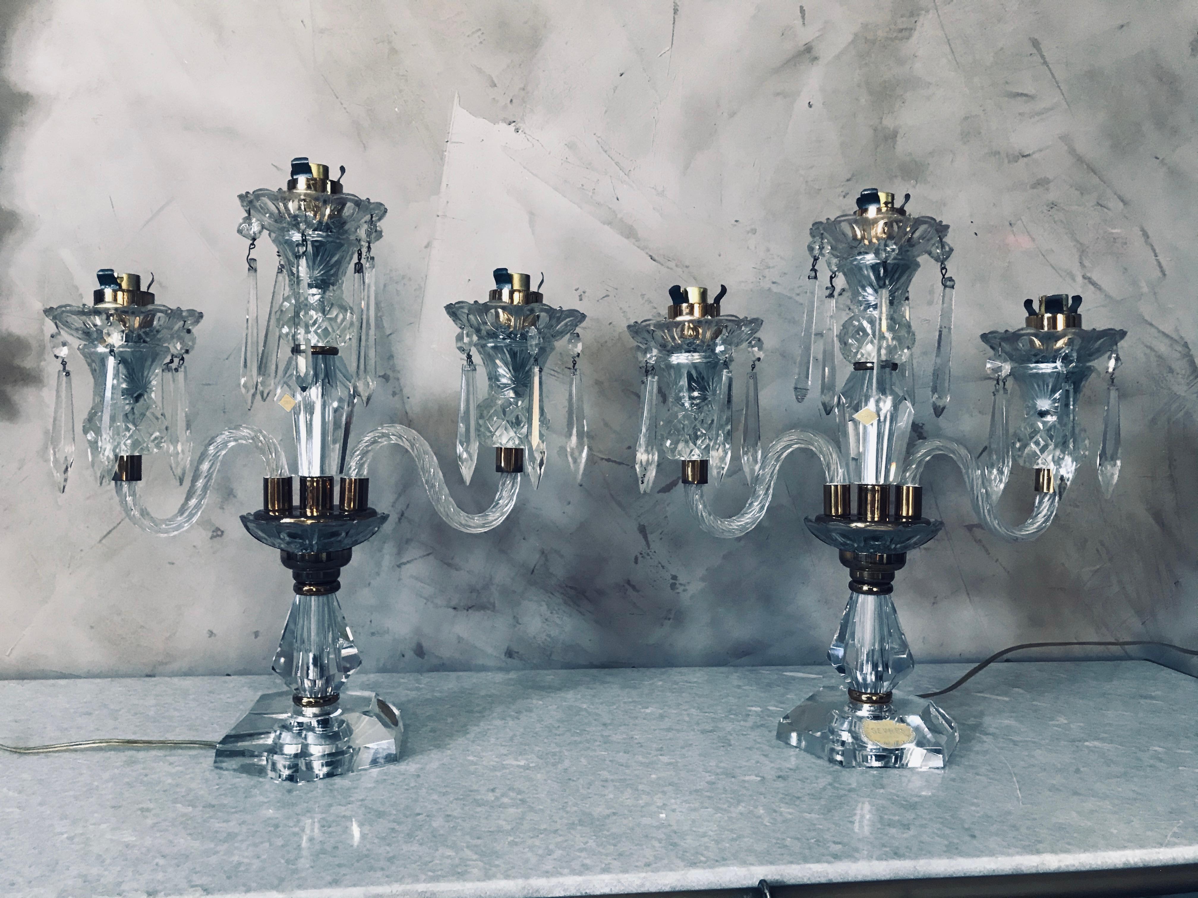 20th Century French Pair of Crystal and Brass Sevres Candelabra, 1950s For Sale 5