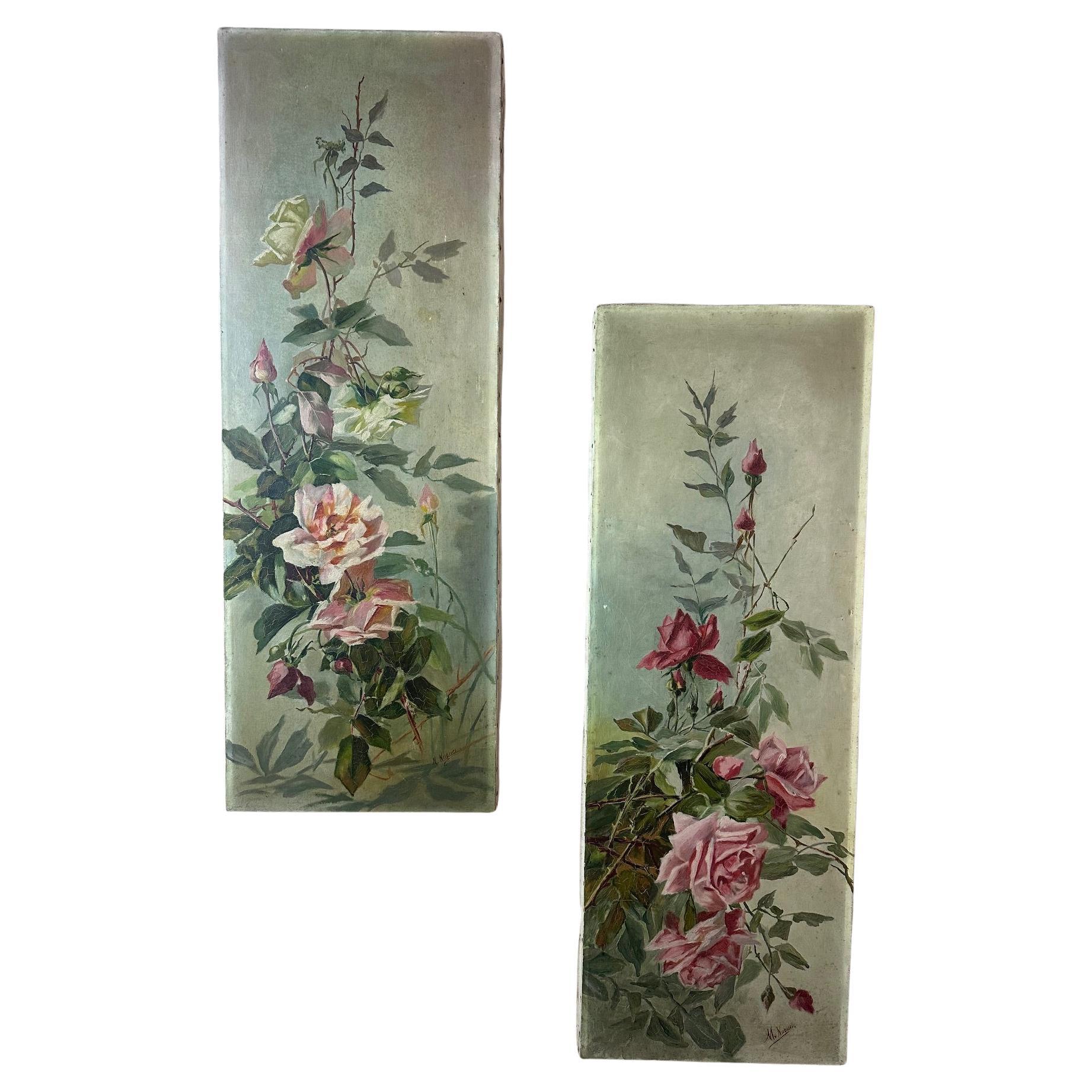 20th century French Pair of Flowers Oil On Canvas Signed, 1920s For Sale