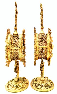 20th Century French Pair of Gilt Brass and Amber Glass Perfume Decanter's