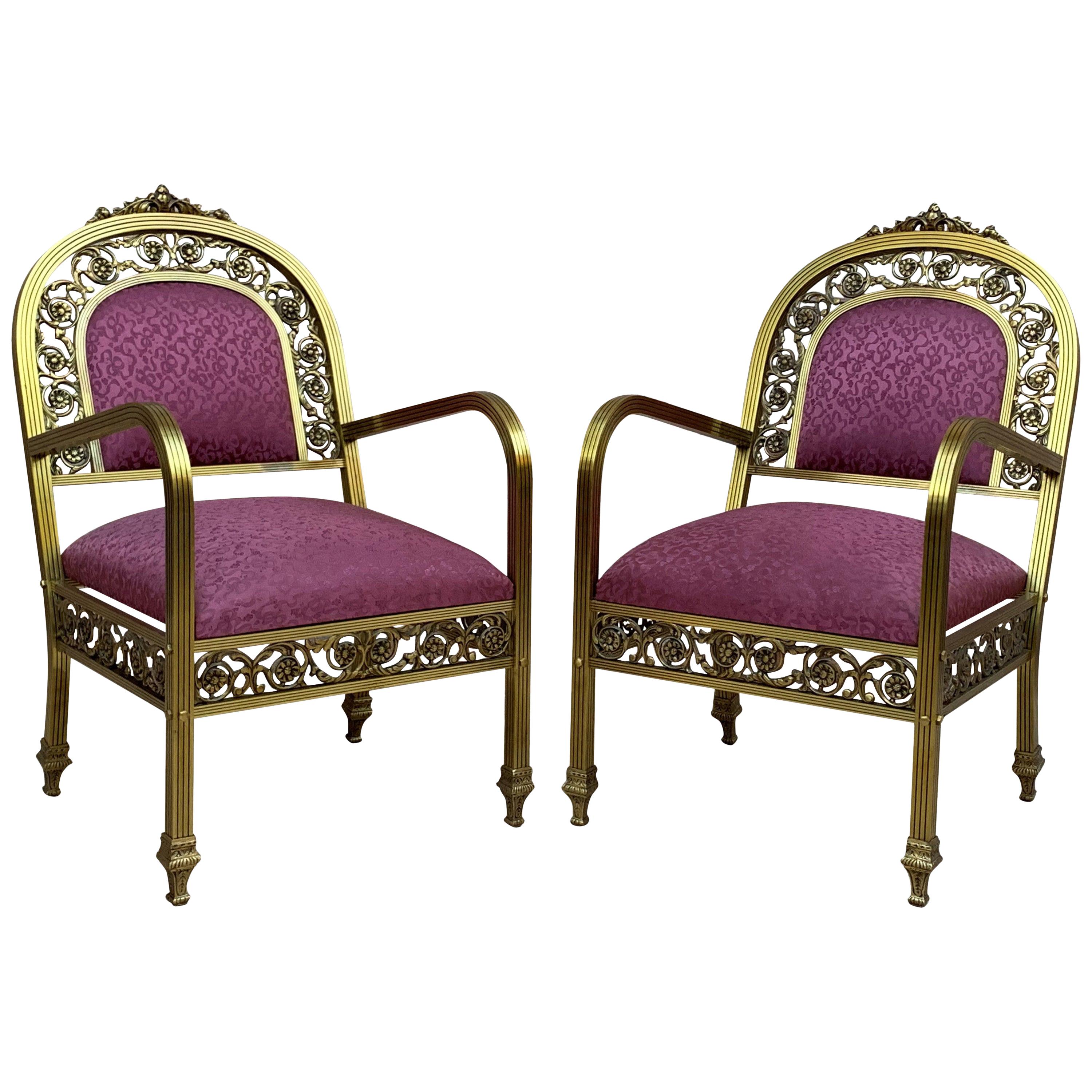 20th Century French Pair of Gold Brass and Bronze Armchairs with Red Upholstery For Sale