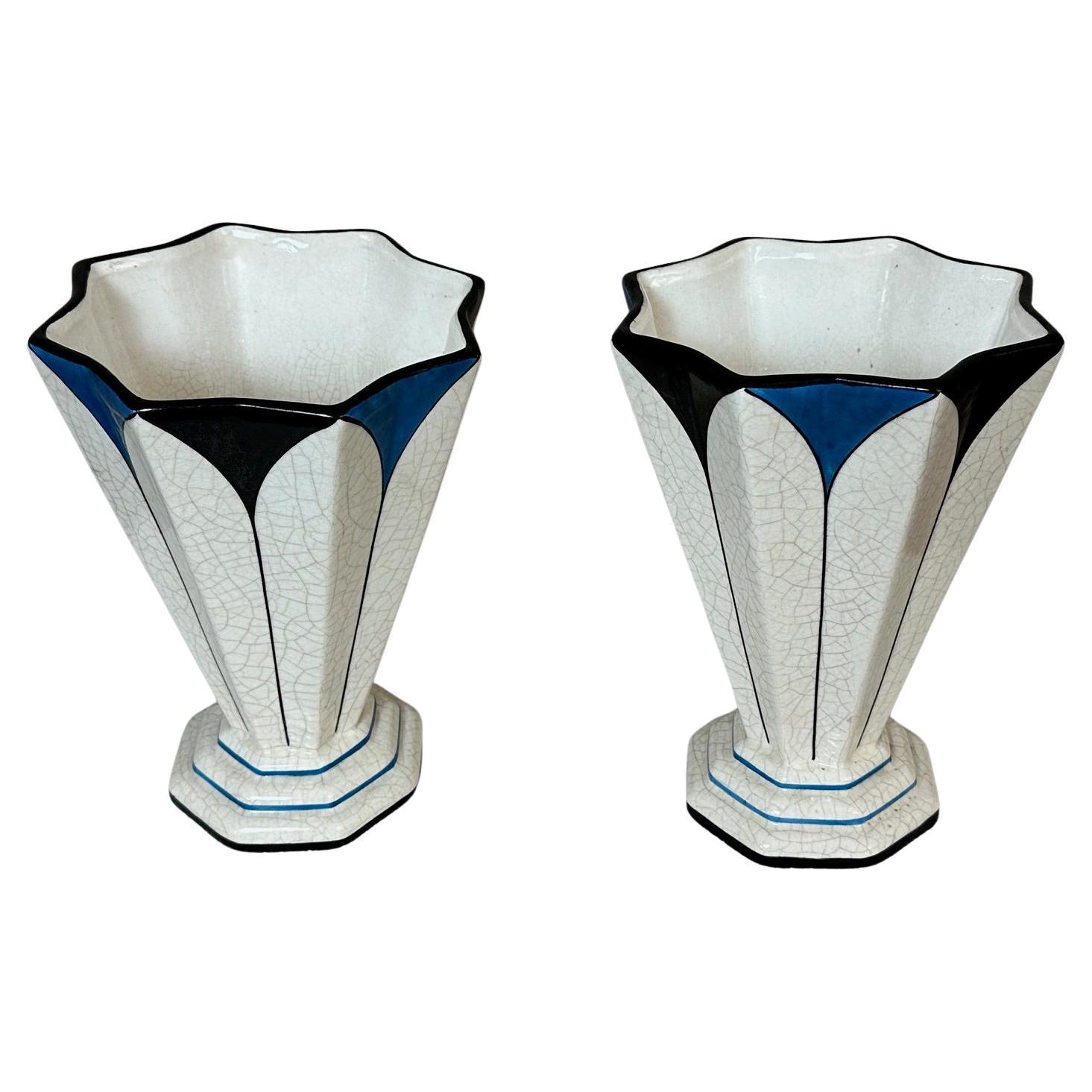 Coppia di vasi in terracotta Longwy Art déco del XX secolo, Francia, anni '30