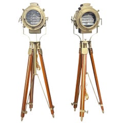 20th Century French Pair of Metal Spotlights - Cinema Walnut Floor Lamps