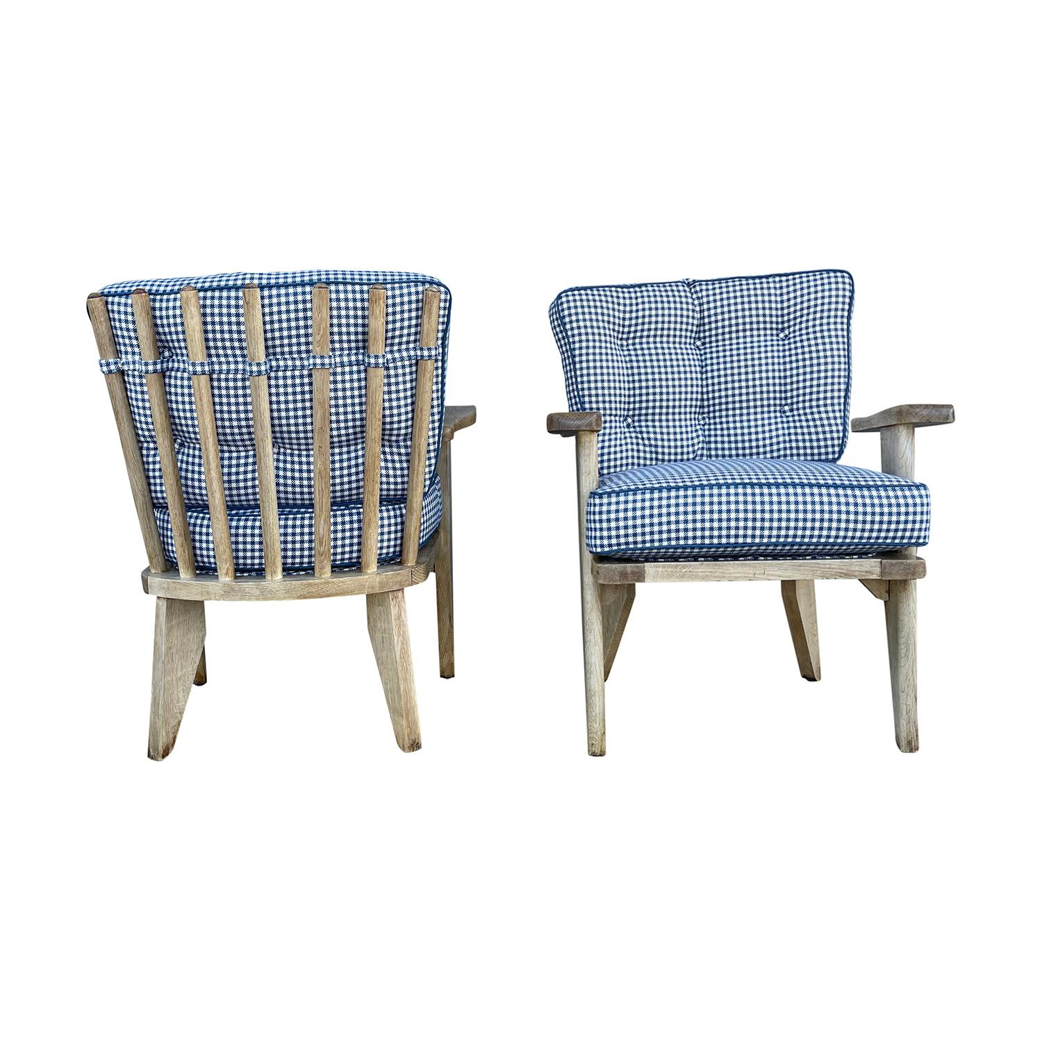 Fabric 20th Century French Pair of Oakwood Spindle Chairs by Guillerme et Chambron