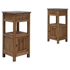 20th Century French Pair of Provincial Oak Bedside Tables With Marble Tops
