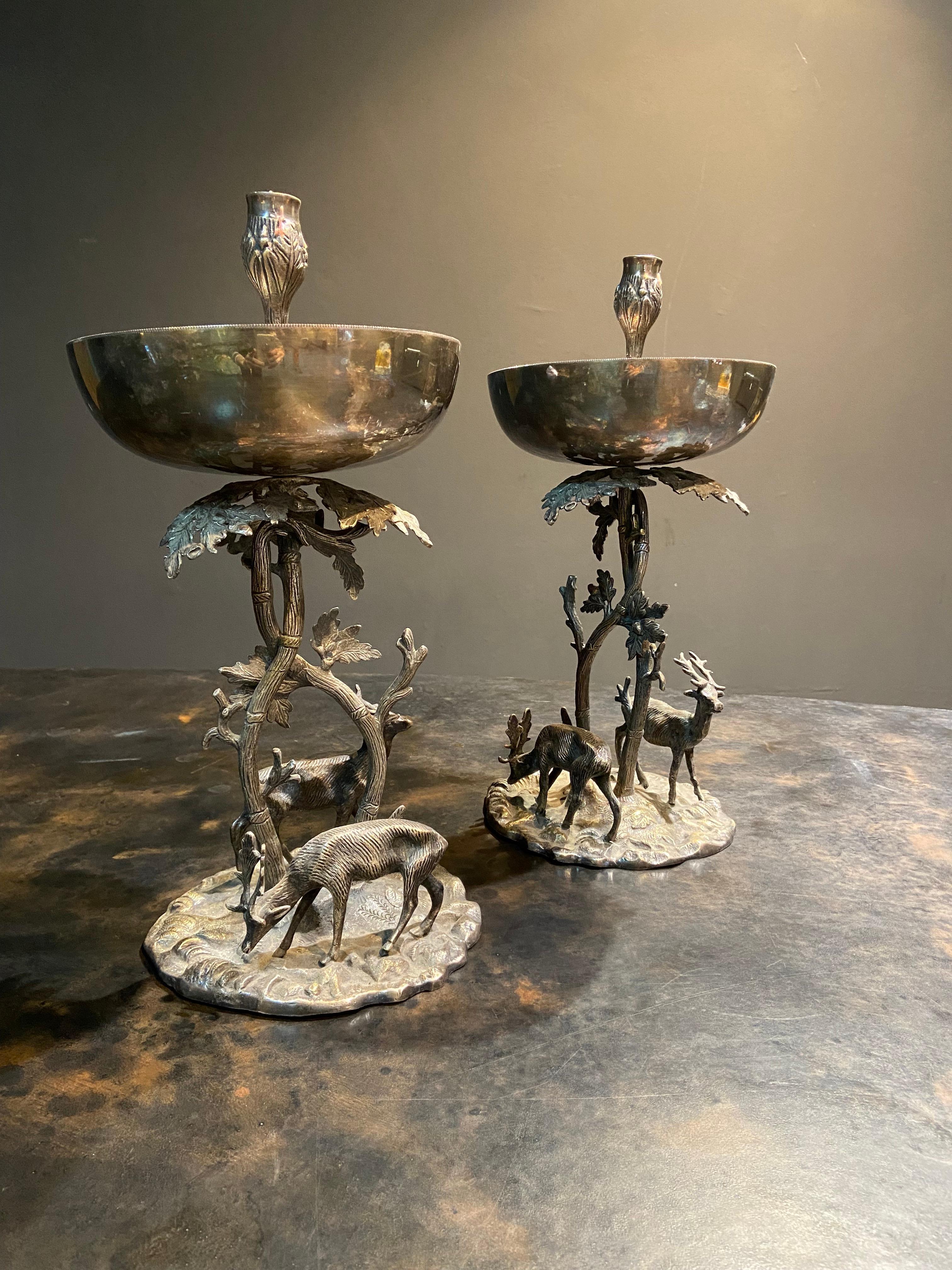 20th Century French Pair of Silver Plated Bronze Candlesticks with Deеrs In Good Condition For Sale In Sofia, BG