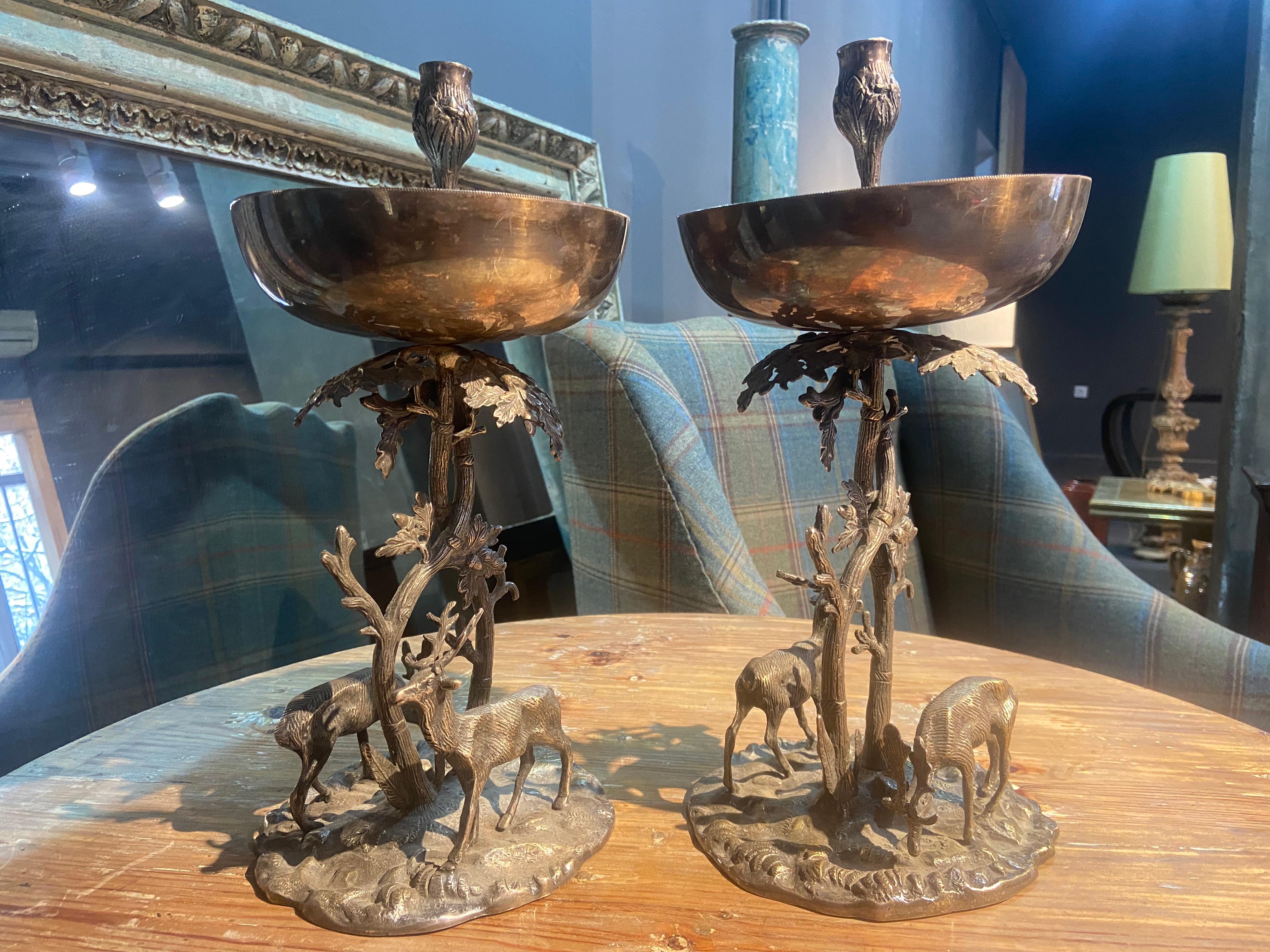 20th Century French Pair of Silver Plated Bronze Candlesticks with Deеrs For Sale 2
