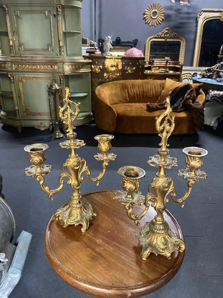 20th Century French Pair of Small Bronze Double Candle Sconces with