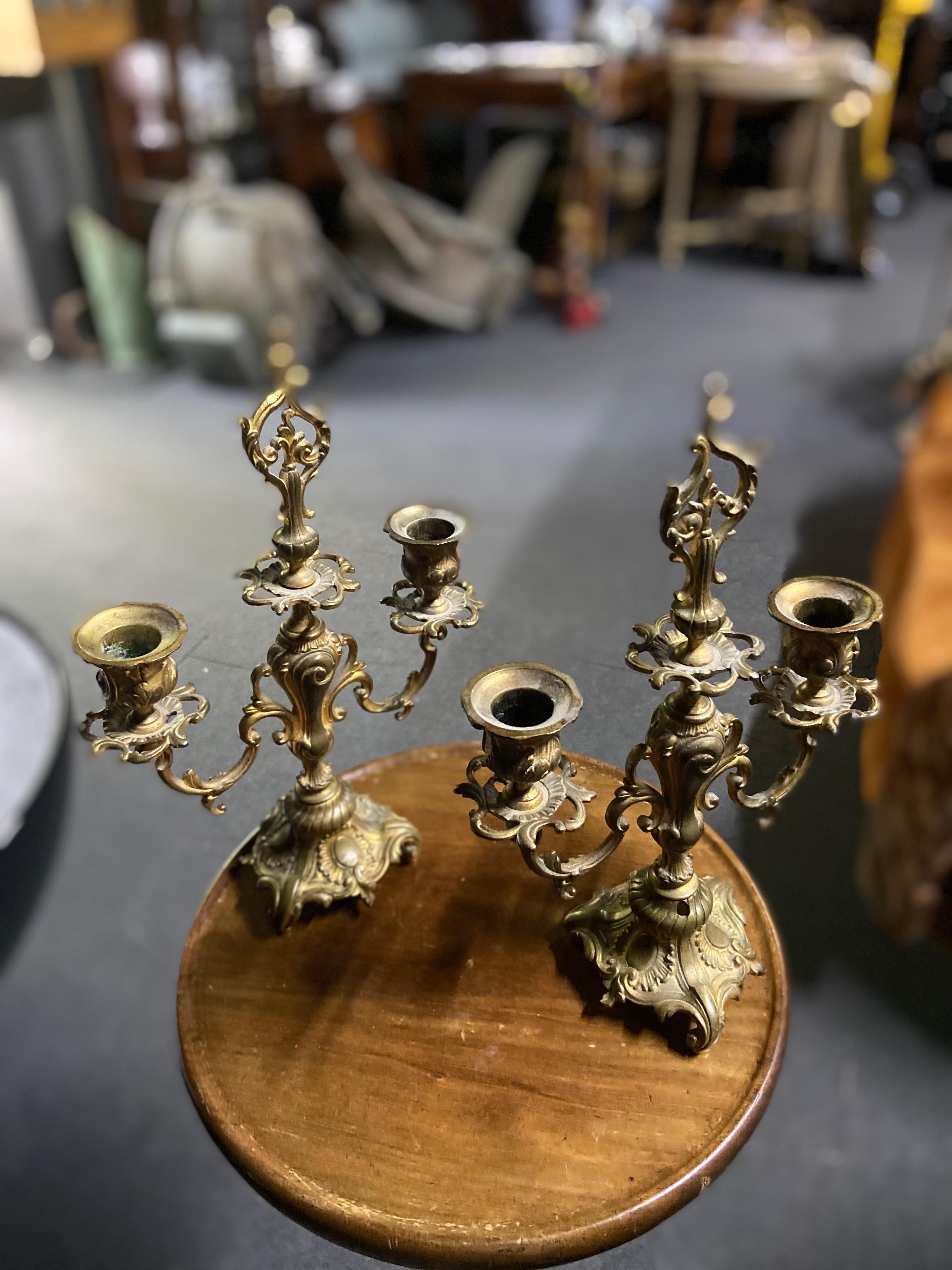 Louis XVI 20th Century French Pair of Small Bronze Double Candle Sconces with Decorations For Sale