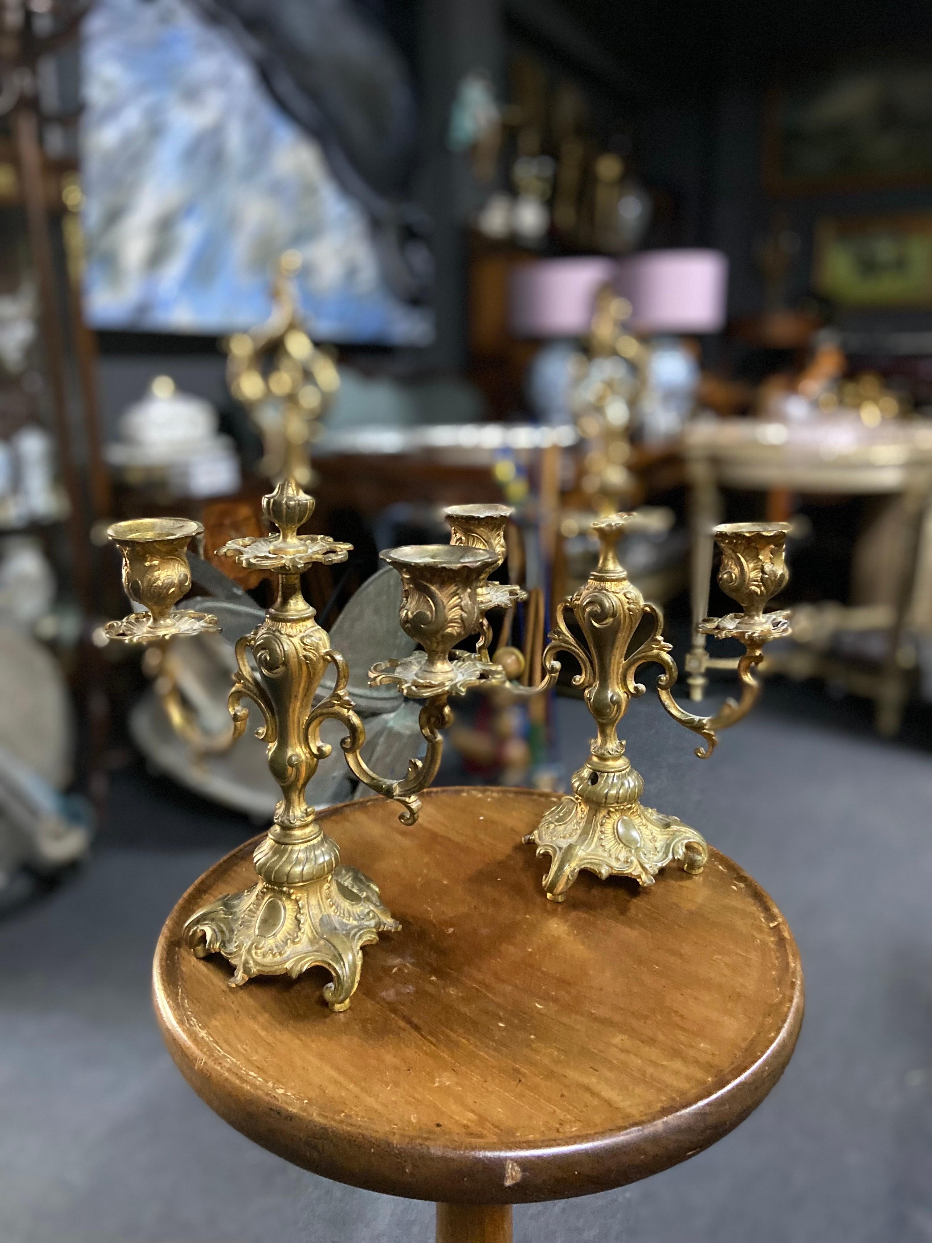 20th Century French Pair of Small Bronze Double Candle Sconces with Decorations In Good Condition For Sale In Sofia, BG