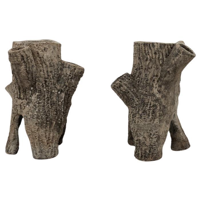 20th Century French Pair Of Tree Trunk Concrete Planters