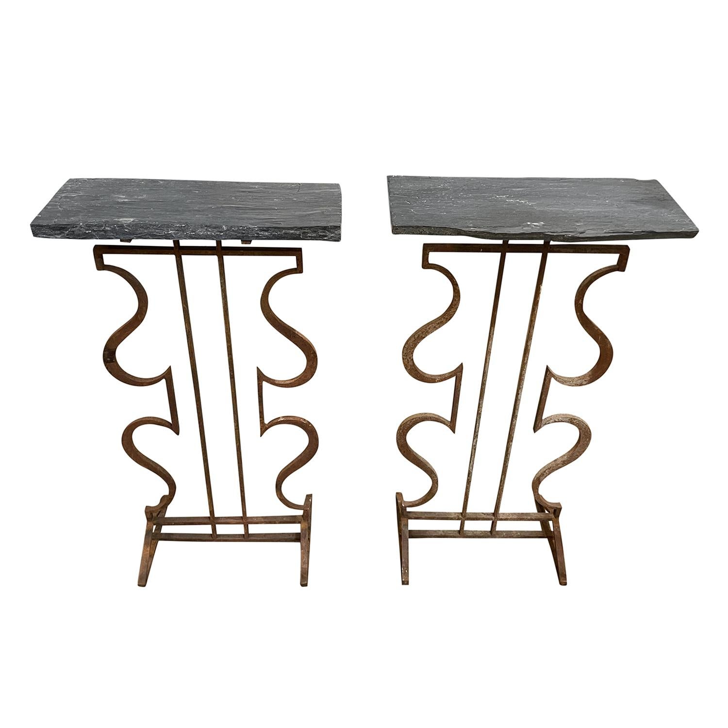 Industrial 20th Century French Pair of Vintage Iron Console Tables with Slate Tops