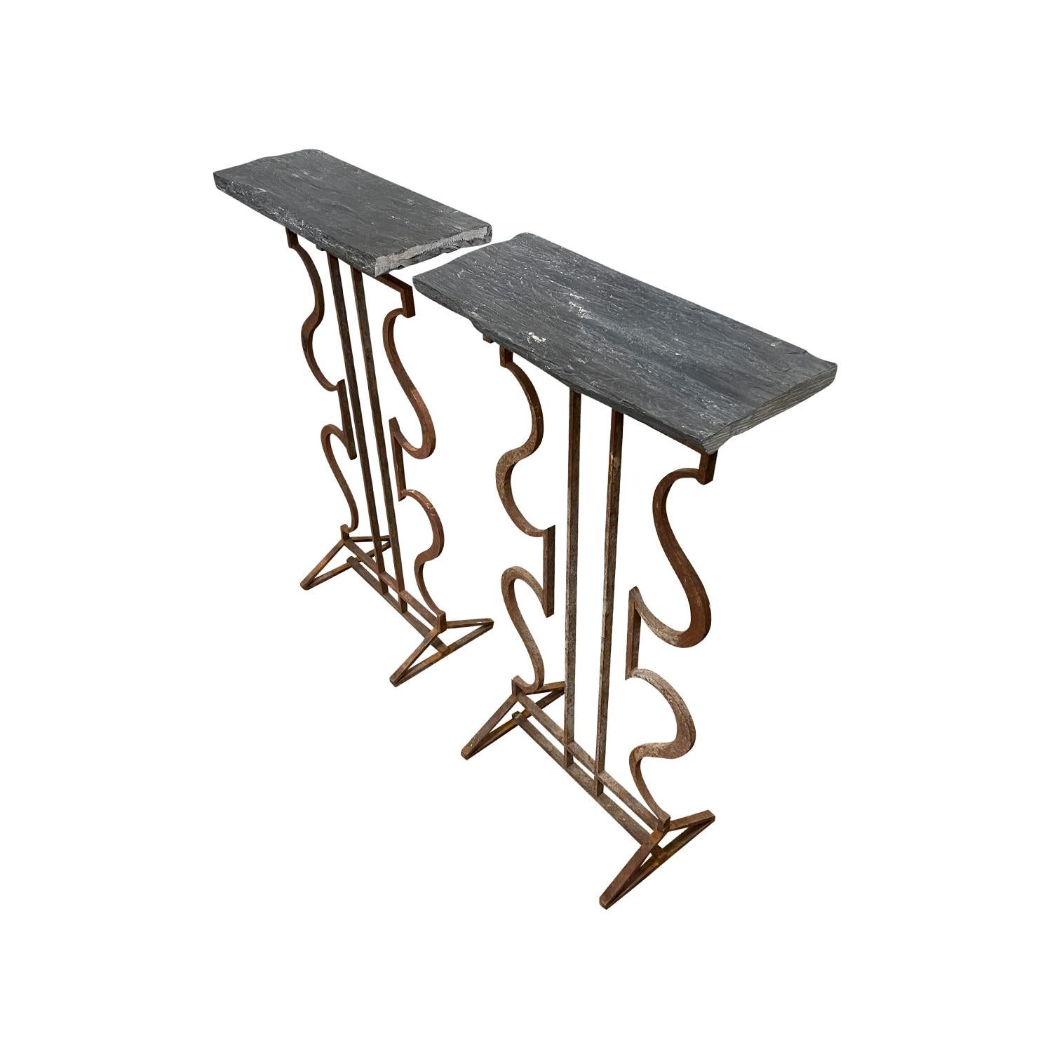 Hand-Crafted 20th Century French Pair of Vintage Iron Console Tables with Slate Tops