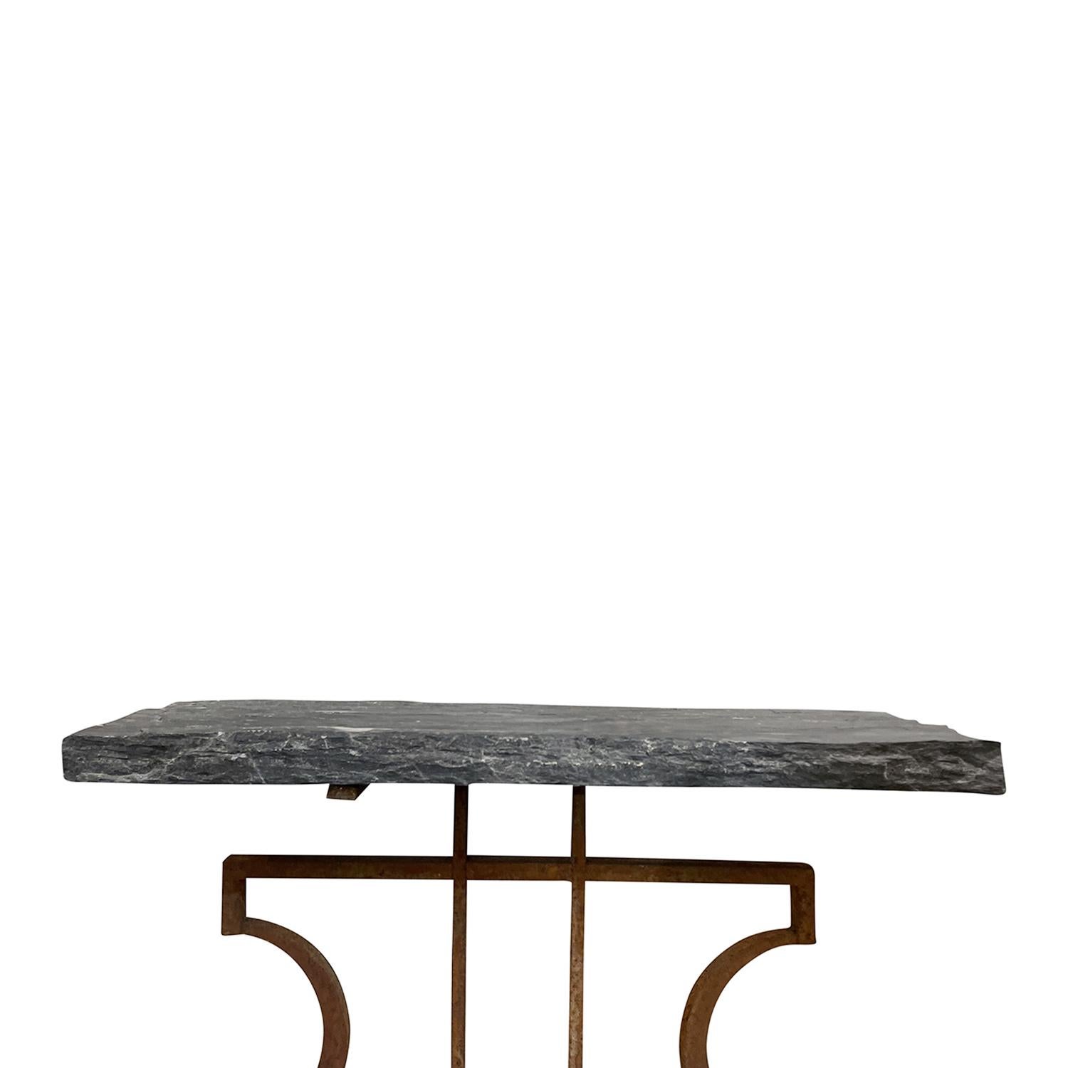 Metal 20th Century French Pair of Vintage Iron Console Tables with Slate Tops