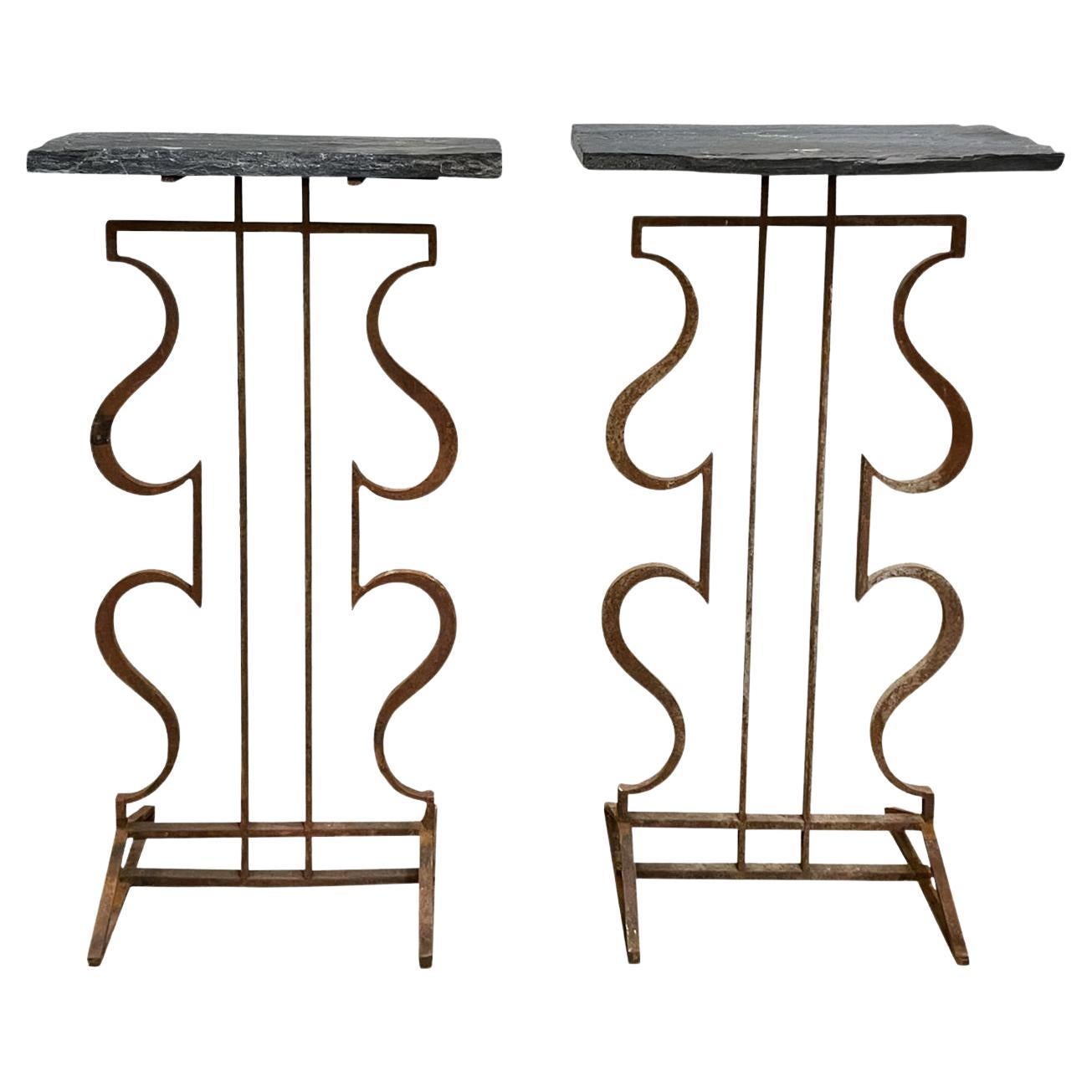 20th Century French Pair of Vintage Iron Console Tables with Slate Tops