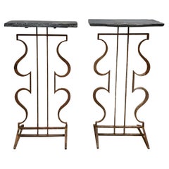 20th Century French Pair of Vintage Iron Console Tables with Slate Tops