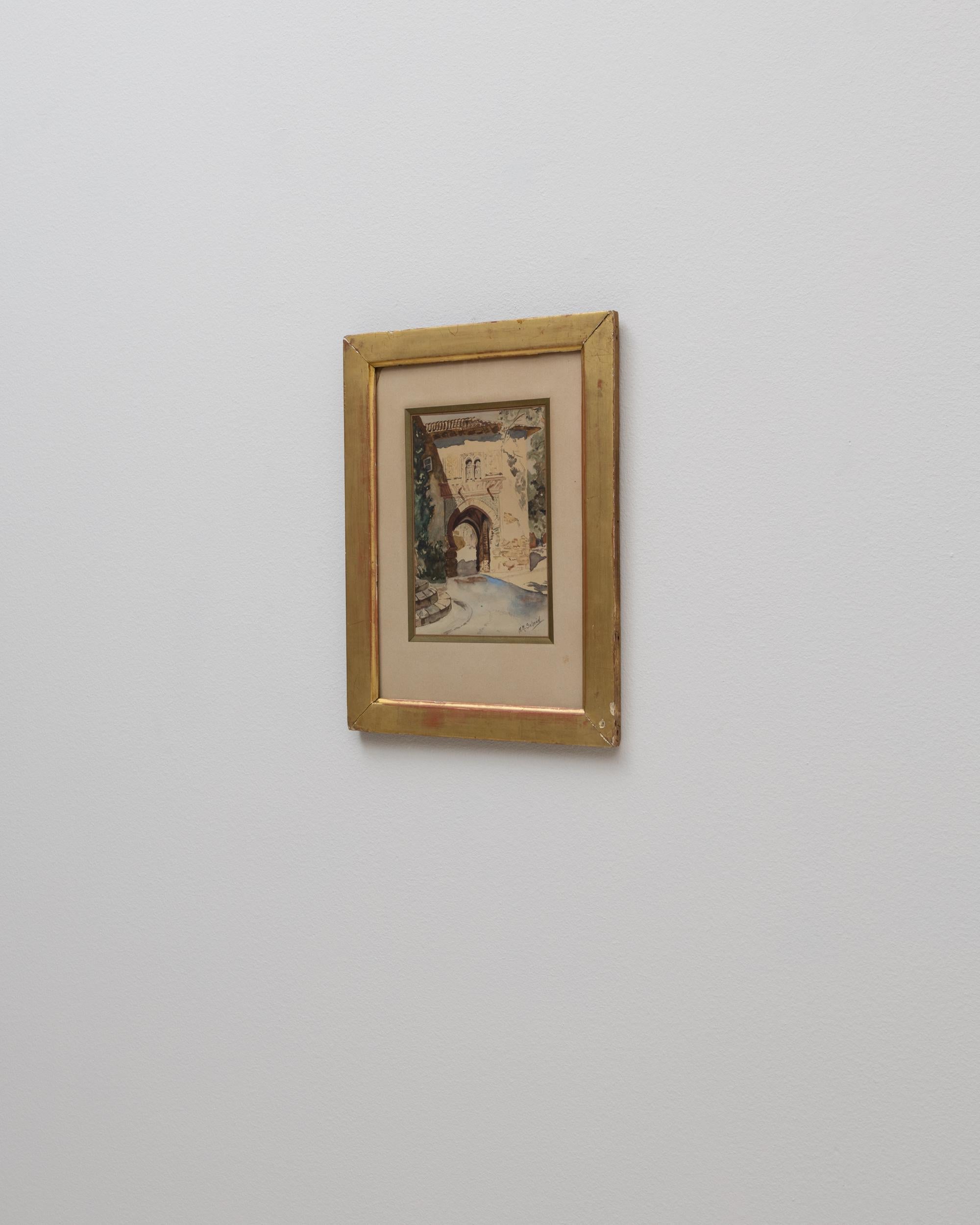 Français Esquisse de bâtiment Passe-partout français du 20e siècle avec cadre en bois doré en vente