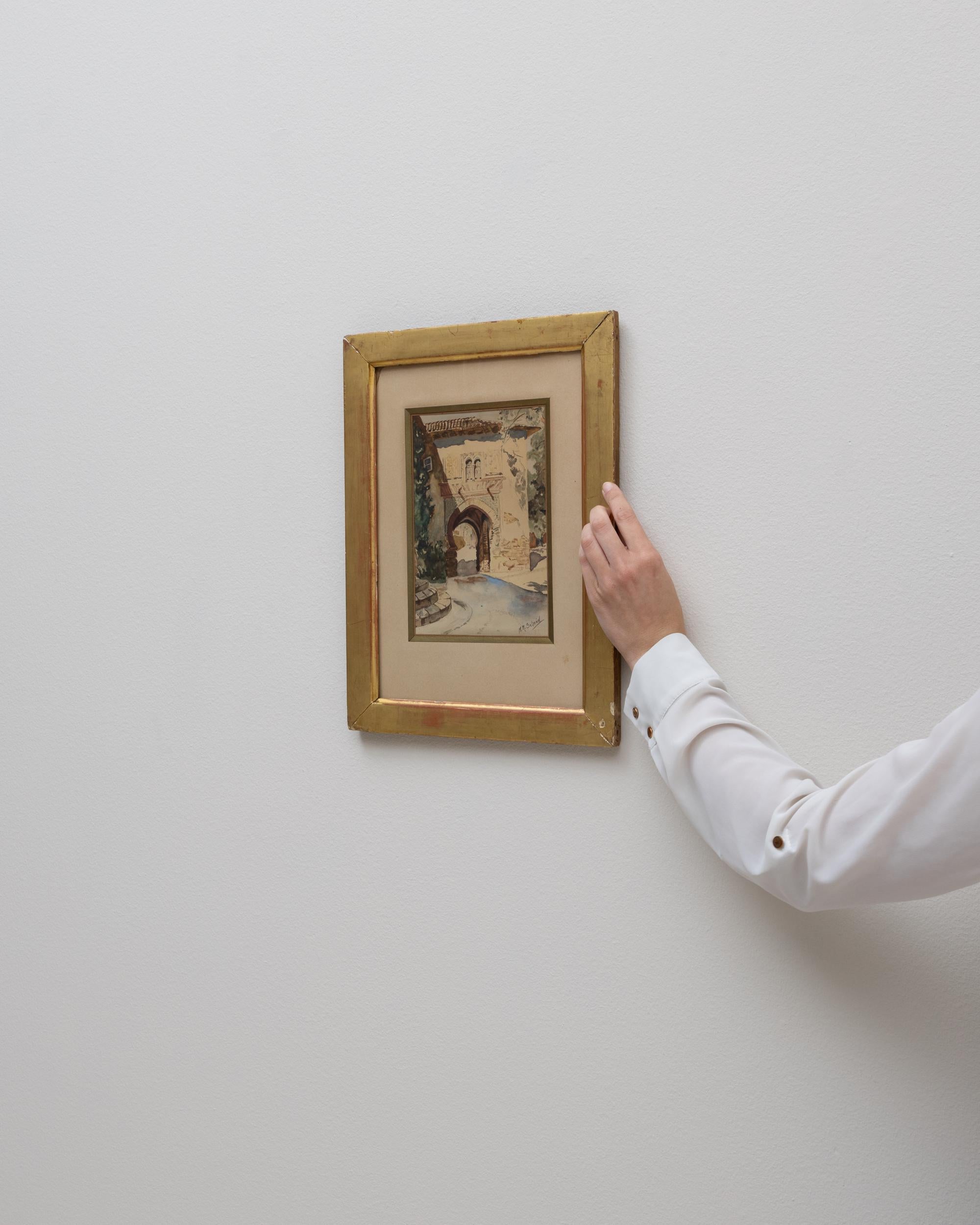 Bois Esquisse de bâtiment Passe-partout français du 20e siècle avec cadre en bois doré en vente