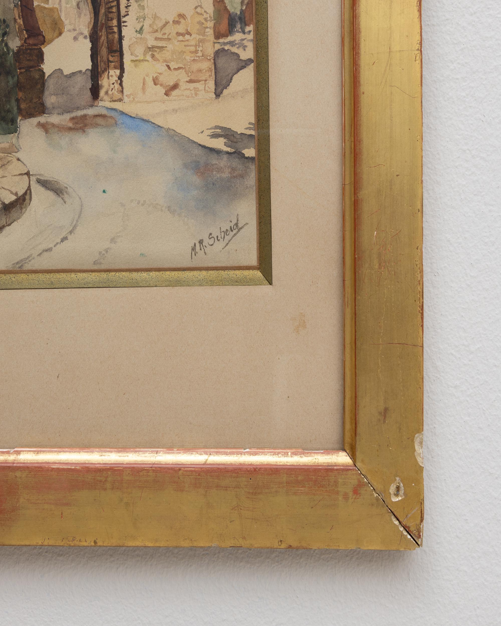 Esquisse de bâtiment Passe-partout français du 20e siècle avec cadre en bois doré en vente 1